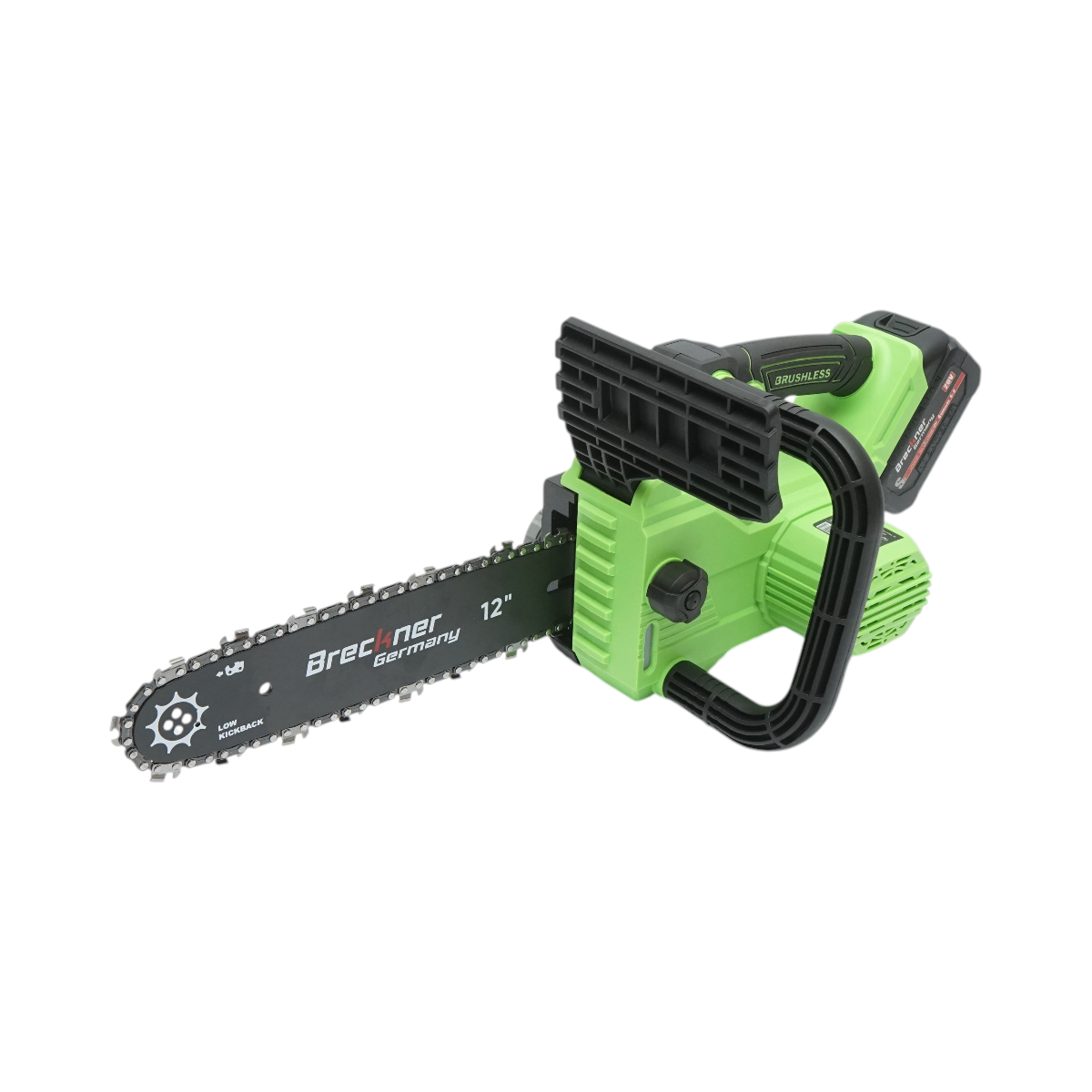 Professzionális elektromos láncfűrész 2 darab 20V, 4Ah Li-ion akkumulátorral, brushless motor, LED digitális kijelző, 12 inch (300mm) lánc Breckner Germany