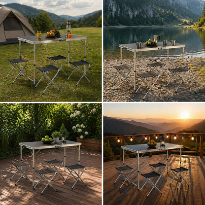 Összecsukható camping asztal szett 4 alumínium székkel, hordozható bőrönd típusú, magasságban állítható 120x60cm Breckner Germany