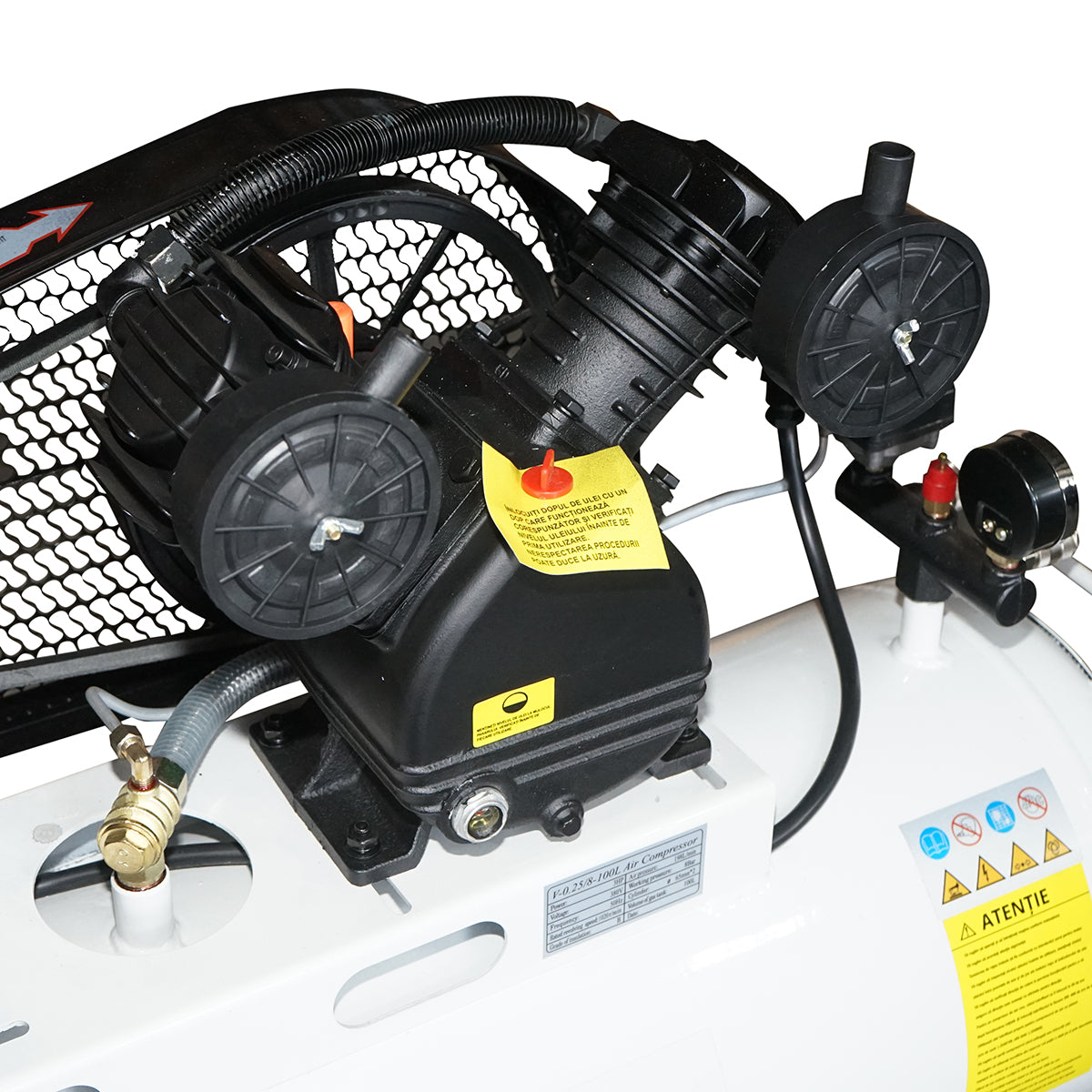 Övhajtású légkompresszor 100 l, 2 hengeres V-motor 3 LE, 2,2 kW/380 V, max. nyomás 8 bar, levegőbeömlési térfogat 273 l/perc Breckner Germany