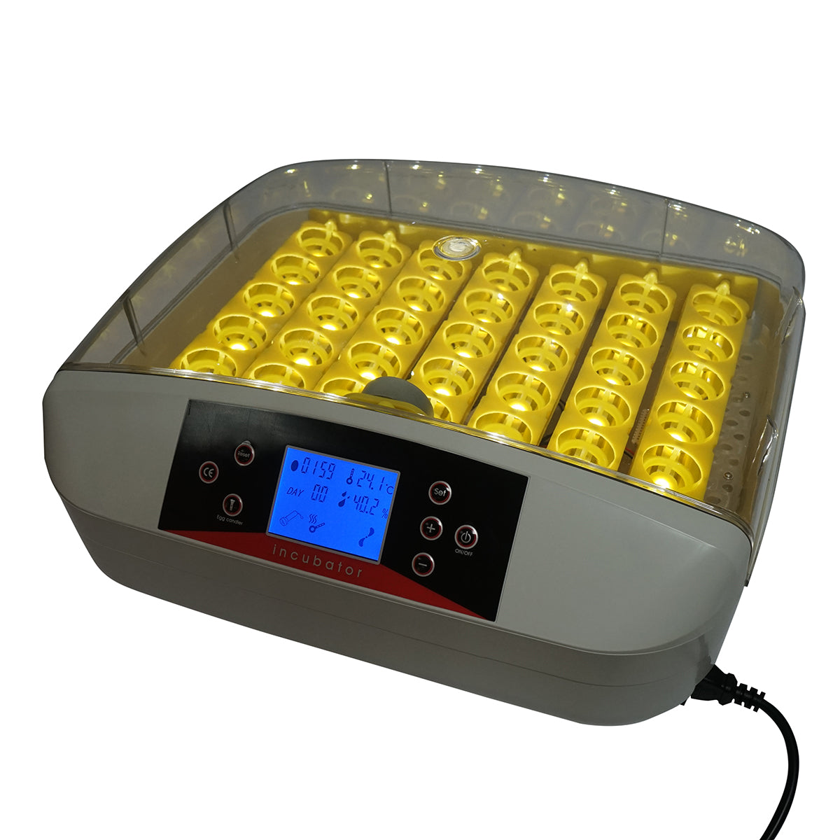 Automata keltetőgép 32 tojáshoz 220V, automatikus forgatással, hőmérséklet-szabályozással, páratartalom szabályozással, digitális kijelzővel, LED megvilágítású tálcával.