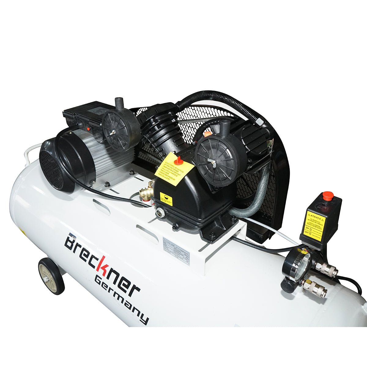 200 literes szíjhajtású légkompresszor, 2,2 kW/3 LE V-twin motor, maximális nyomás 8 bar, levegőbeömlési térfogat 325 l/perc Breckner Germany