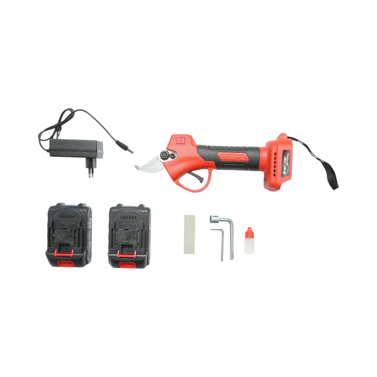 Breckner Germany 36V elektromos kerti olló 2 db 1.5Ah Li-Ion akkumulátorral, 100W, vágási átmérő 0-25mm, biztonsági gomb