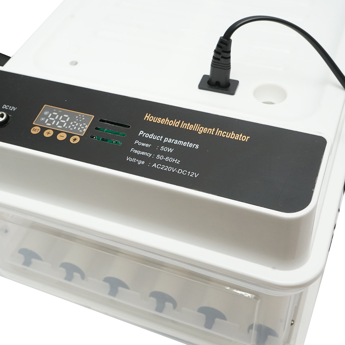 Automata inkubátor 30 tojás 50W, 12V-220V, automatikus forgatással, hőmérséklet-szabályozással, páratartalom szabályozással, digitális kijelzővel.