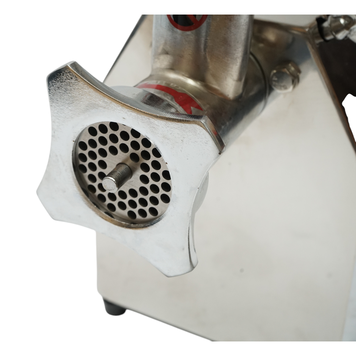 Elektromos húsdaráló rozsdamentes acél 600W, 220V, 100 kg/h kapacitás, kolbászadapter, 2 szita és 2 kés tartozékkal 340x185x365mm