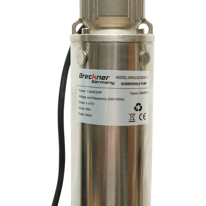 Merülő rozsdamentes acél szivattyú 1.5kW, 220V, D100mm, teljesítmény 5 m3/h, emelési magasság 60m, 9 kerámia turbina, olajhűtés, vezérlőpanel K90QJD2-60/9-1.5 Breckner Germany