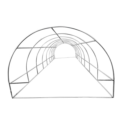 Kerti fóliasátor 800x300x200cm öntözőrendszerrel, zöld PE fólia 140g/mp UV hálóval, 16 ablak, 2 ajtó, 25mm horganyzott acélcső.