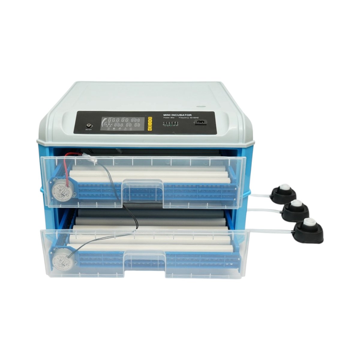 Automata tojásinkubátor, keltető gép 128 tojás 80W, 12V-220V, automata forgatás, LED ovoszkóp, hőmérséklet-szabályozás, páratartalom, digitális kijelző, riasztás
