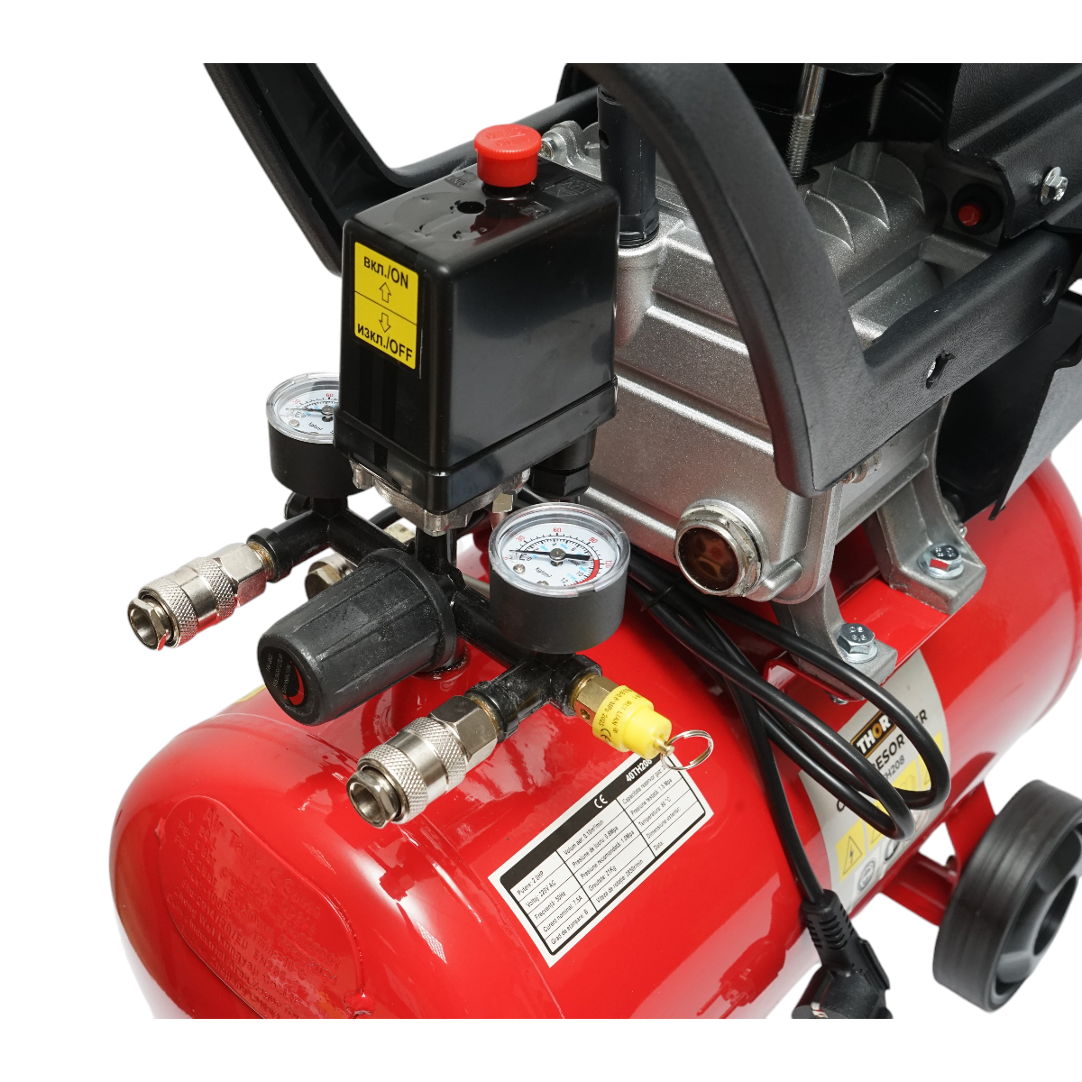 Légkompresszor 24L, motorteljesítmény 1,5KW/2CP, maximális nyomás 8 bar, szívólevegő térfogat 195L THOR