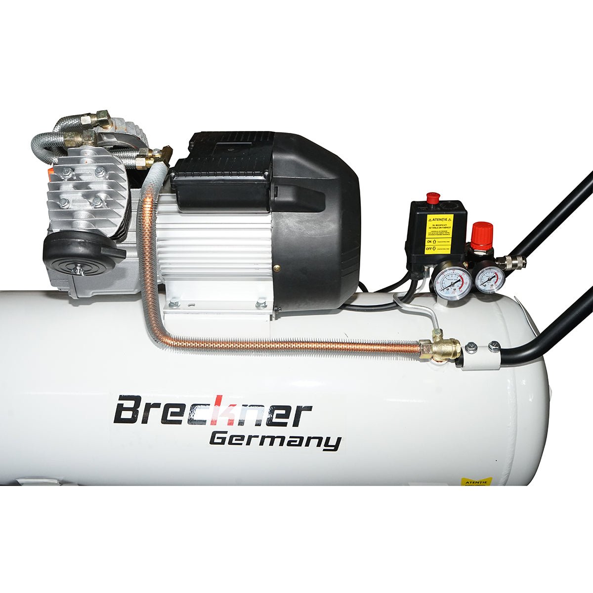 100 literes légkompresszor, 2,2 kW/3 LE V-twin motor, maximális nyomás 8 bar, légbeömlési térfogat 425 l/perc Breckner Germany