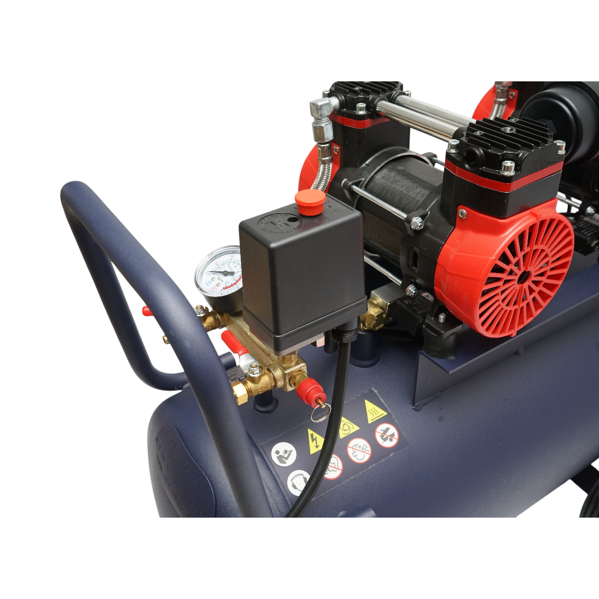 50L olajmentes légkompresszor, csendes, 2 motor 4 hengeres 1.5KW/2CP, maximális nyomás 8 bar, szívólevegő térfogat 170L/min