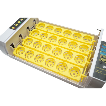 Automatikus keltető 24 tojás 60W, 220V, automatikus forgatással, hőmérséklet-szabályozással, páratartalom-szabályozással, digitális kijelzővel, LED megvilágítású tálcával.