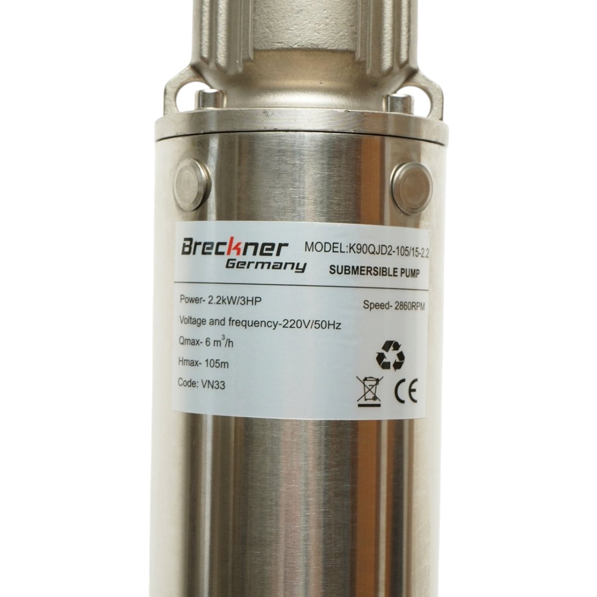 Merülő rozsdamentes acél szivattyú 2.2kW, 220V, D100mm, teljesítmény 6 m3/h, emelési magasság 105m, 15 kerámia turbina, olajhűtés, vezérlőpanel K90QJD2-105/15-2.2 Breckner Germany