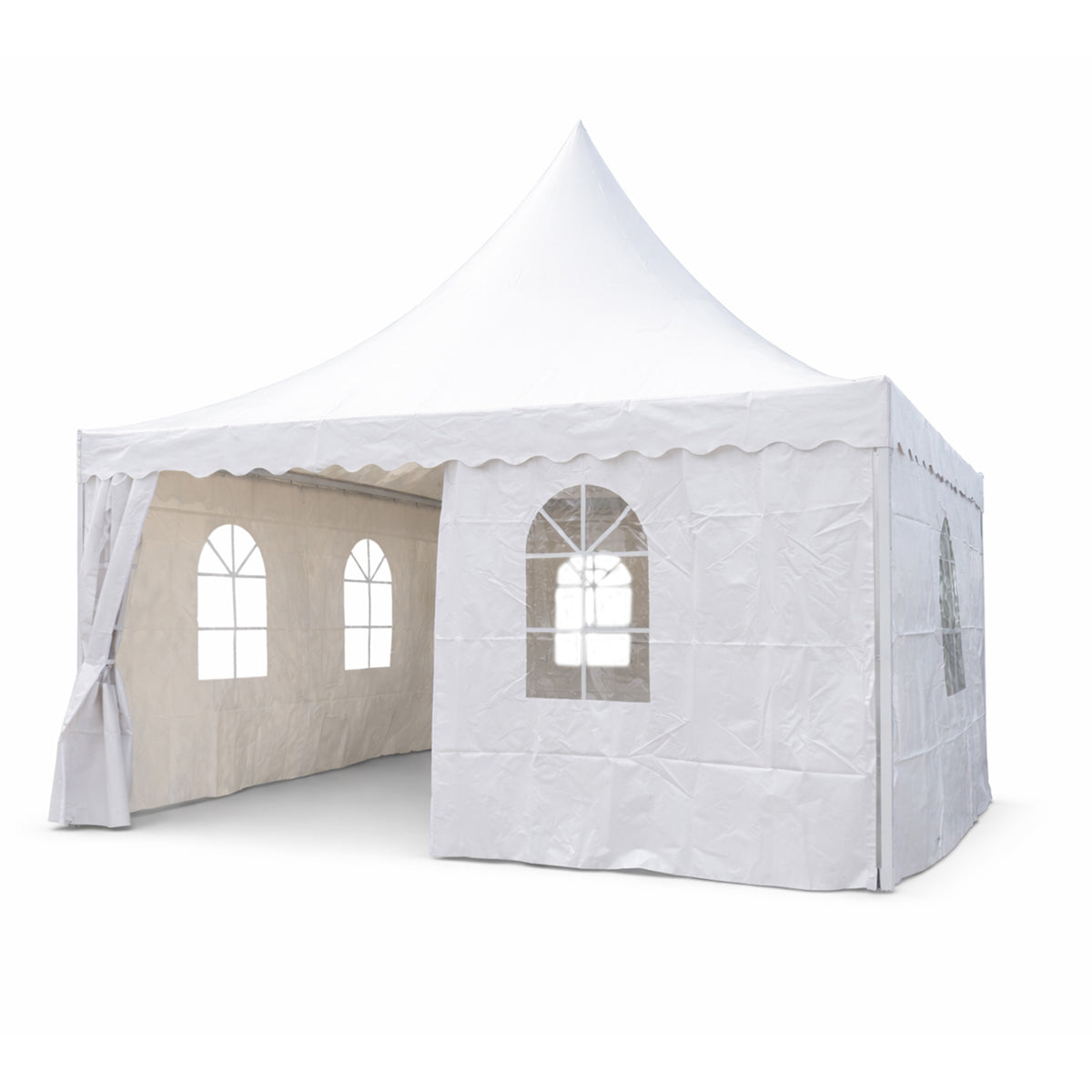 Pagoda típusú eseménysátor pavilon 5x5m, fehér UV-álló vízálló, PVC 750g/m2 tetőzet, acél-alumínium keret 48x48x2.5mm