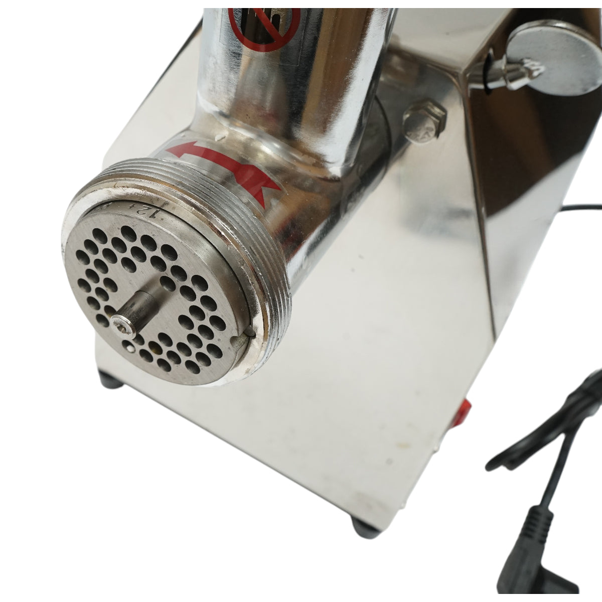 Elektromos húsdaráló rozsdamentes acél 850W, 220V, 150 kg/h kapacitás, kolbászadapter, 2 szita és 2 kés tartozékkal 380x210x415mm