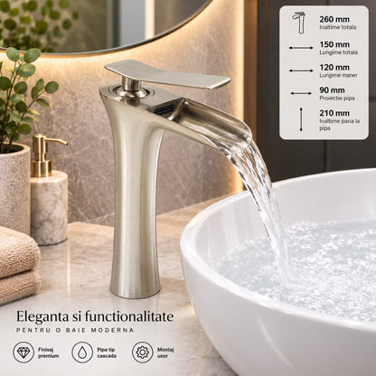 Prémium magas mosdó csaptelep réz, vízesés típusú csőr, kerek design, egykaros, szatén ezüst, tömlők mellékelve