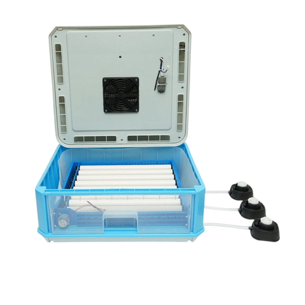 Automata tojásinkubátor, keltető gép 36 tojáshoz 35W, 12V-220V, automata forgatás, LED ovoszkóp, hőmérséklet-szabályozás, páratartalom-szabályozás, digitális kijelző, riasztás