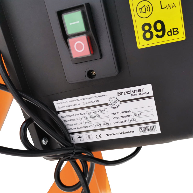 Betonkeverő 800W, térfogat 200L, öntöttvas fogaskerék és korona, 58Kg Breckner Germany