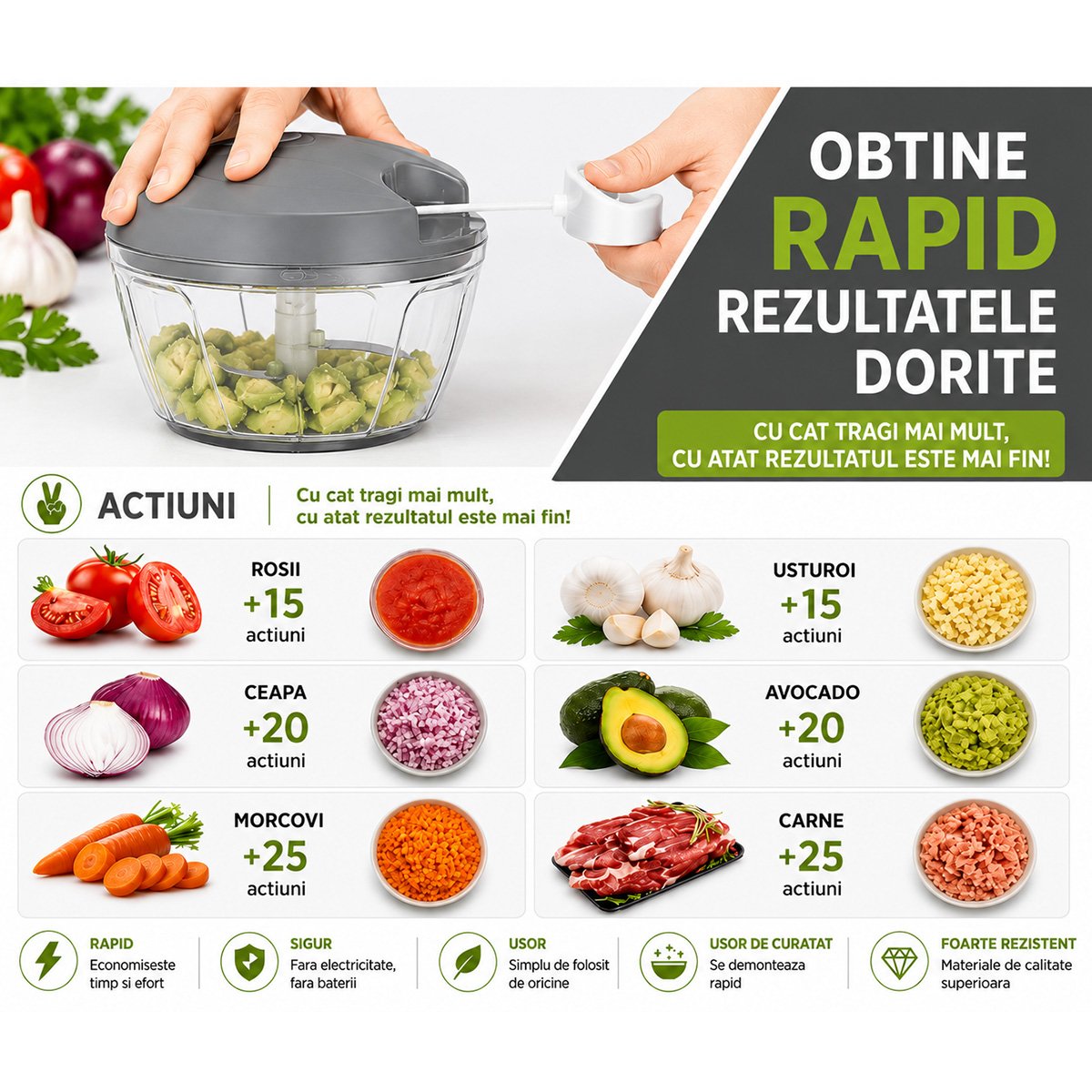 Kézi zöldségvágó kötéllel, 3 rozsdamentes acél penge, 500ml kapacitás