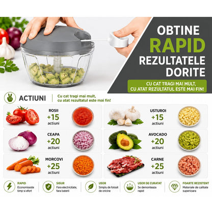 Kézi zöldségvágó kötéllel, 3 rozsdamentes acél penge, 500ml kapacitás