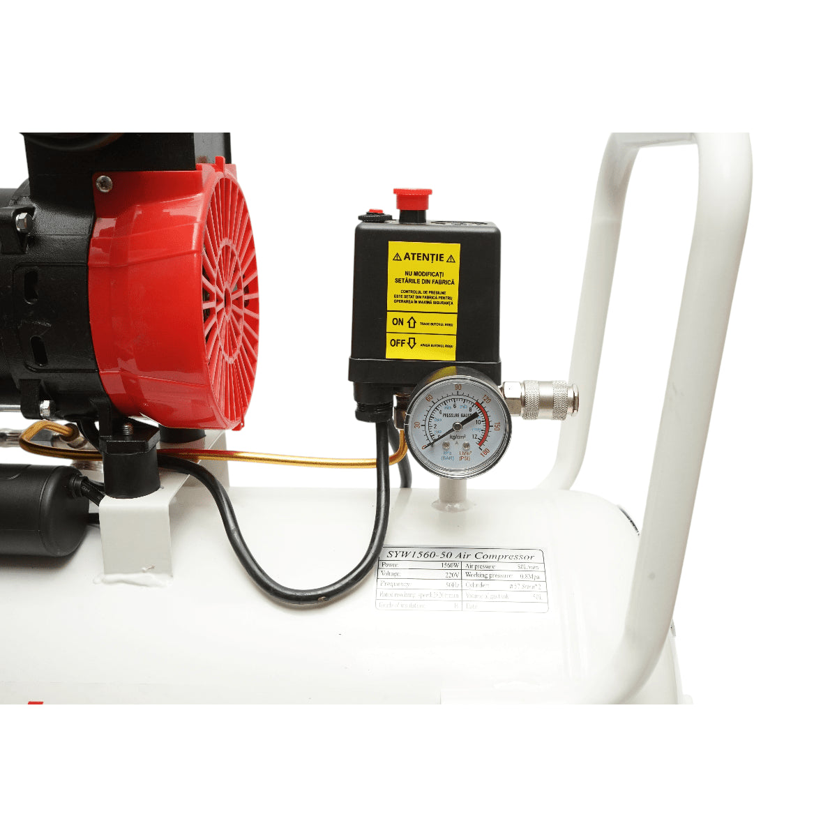 50 literes légkompresszor, 2 hengeres 1,5 kW/2,1 LE motor, maximális nyomás 8 bar, levegőbeömlési térfogat 155 l/perc Breckner Germany