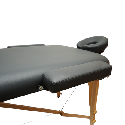 Összecsukható hordozható masszázságy 3 zóna, fa keret, 5cm hab, magasság 55-76cm, fekete ökológiai bőr 60x213cm THOR