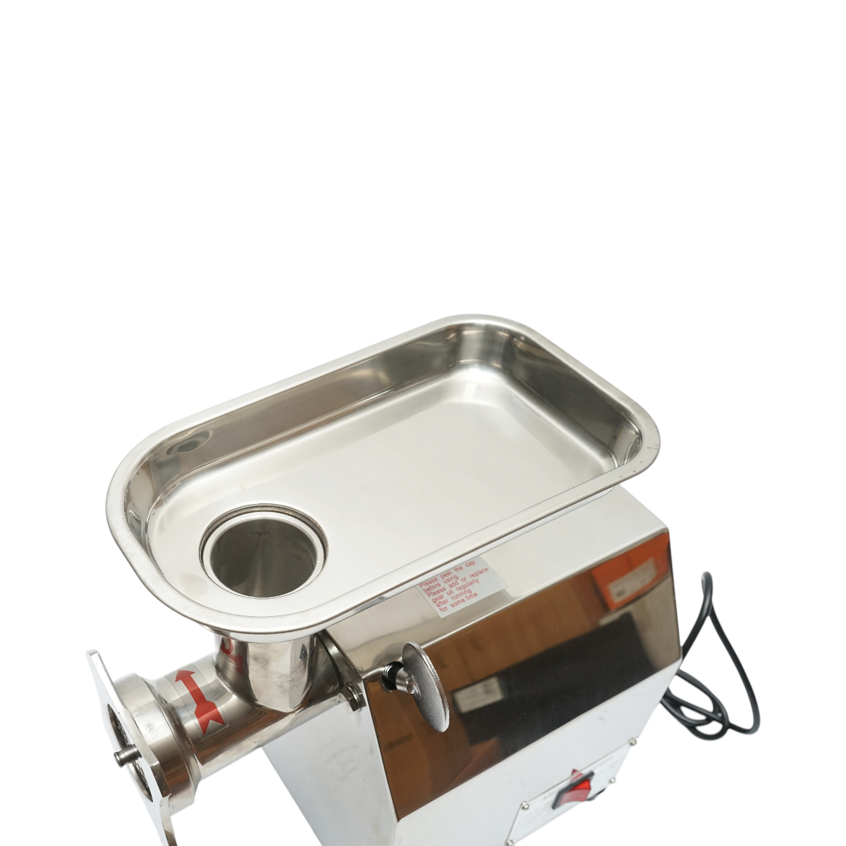 Elektromos húsdaráló rozsdamentes acél + acél 1200W, 220V, 100 kg/h kapacitás, kolbászadapter, 1 szita és 1 kés mellékelve 340x185x365mm