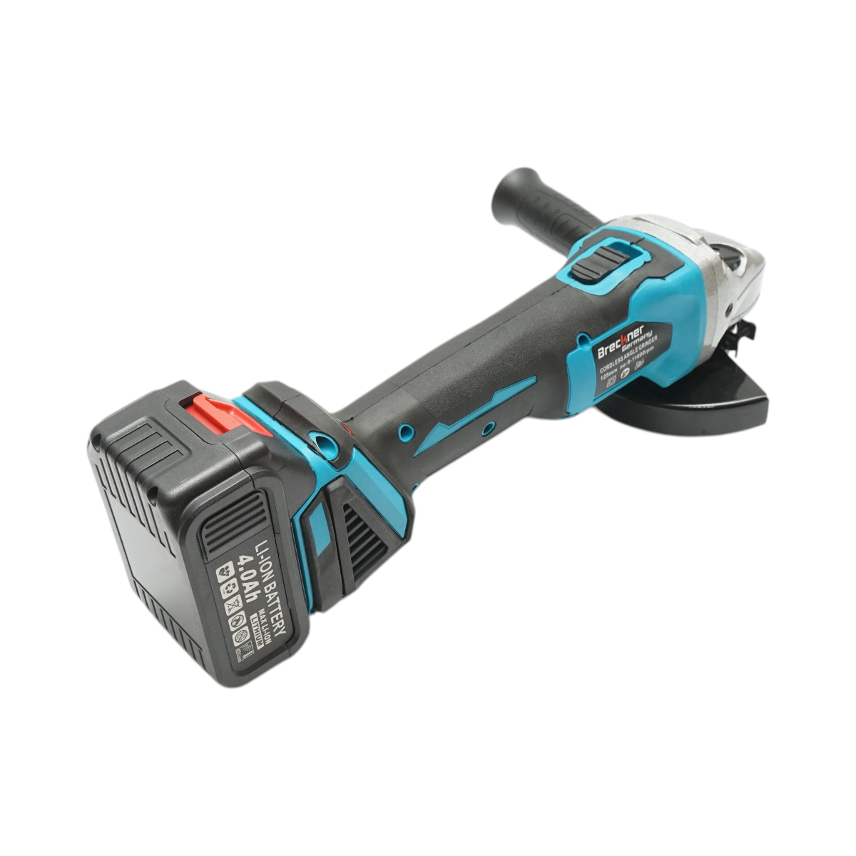Sarokcsiszoló akkumulátorral 21V, 4Ah Li-ion, 125mm korong, brushless motor, LED projektor tartozékkal Breckner Germany