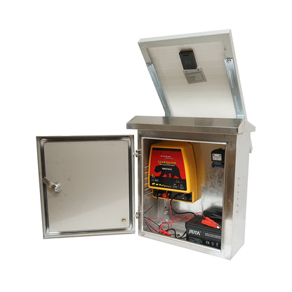 Impulzusgenerátor 12 Joule, DC12V/220V. 30W-os napelemmel és 12V 12Ah akkumulátorral rozsdamentes acél doboz, elektromos kerítéshez Breckner Germany.
