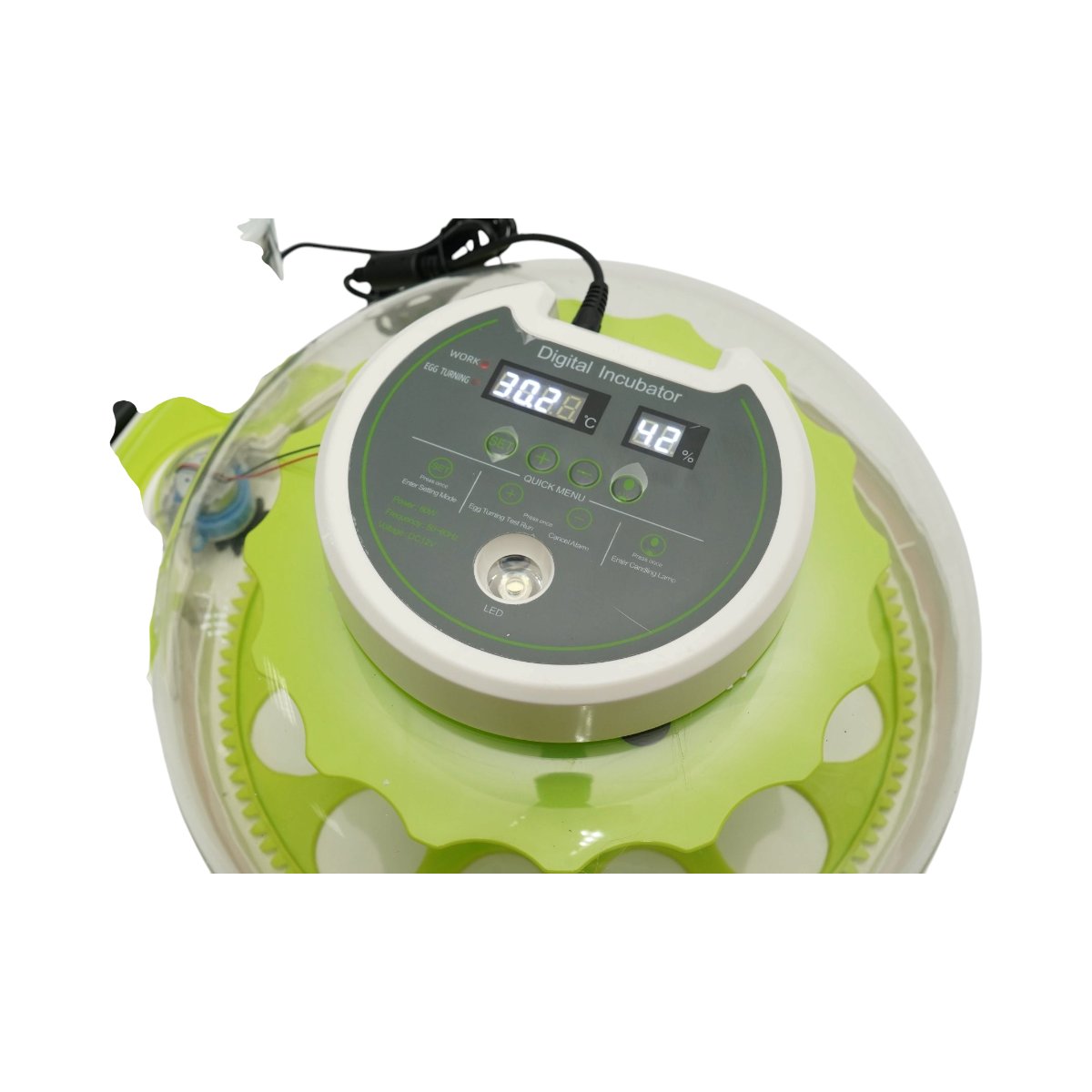 Automata tojásinkubátor, keltető gép 18 tojáshoz 60W, 12V-220V, automata fordítás, LED ovoszkóp, hőmérséklet-szabályozás, páratartalom, digitális kijelző, riasztás