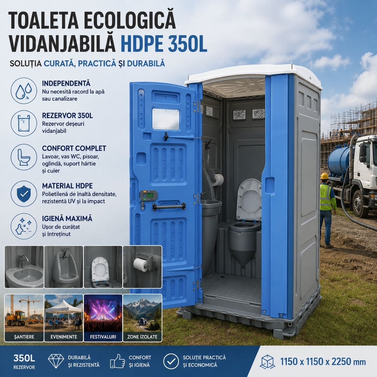 Ökológiai szennyvíztartályos WC 350L HDPE mosdóval, piszoárral, tükörrel, toalettpapír-tartóval és ruhaakasztóval 1150x1150x2250mm