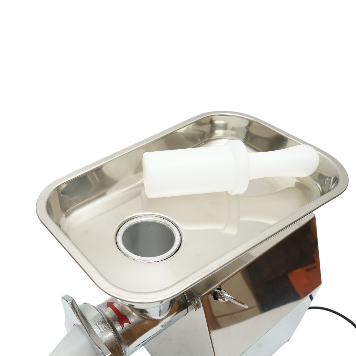 Elektromos húsdaráló rozsdamentes acél 850W, 220V, 150 kg/h kapacitás, kolbászadapter, 2 szita és 2 kés tartozékkal 380x210x415mm