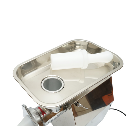 Elektromos húsdaráló rozsdamentes acél 850W, 220V, 150 kg/h kapacitás, kolbászadapter, 2 szita és 2 kés tartozékkal 380x210x415mm