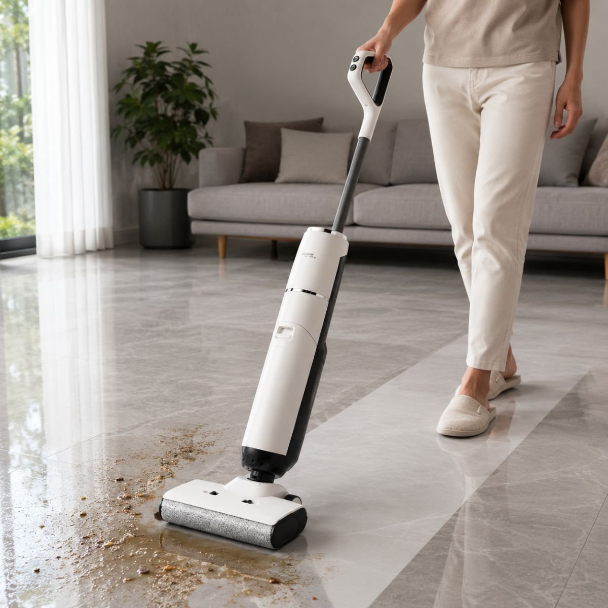 Függőleges vezeték nélküli porszívó moppal 200W, szívóerő 18000Pa, akkumulátor 5000mAh, víztartály 2x600ml, hangfunkció, digitális kijelző Breckner Germany