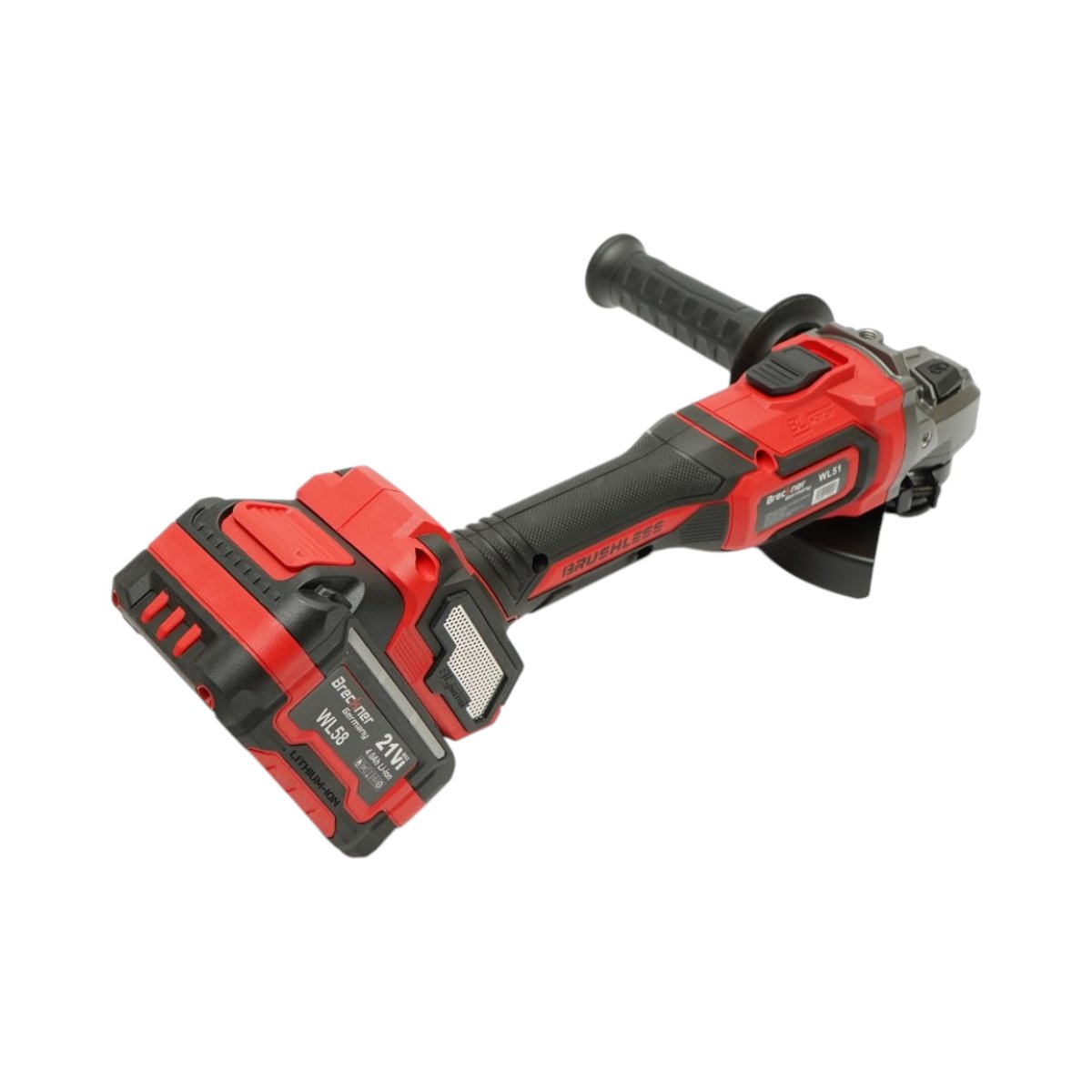 Sarokcsiszoló 1000W 2 db 21V, 4Ah Li-ion akkumulátorral, 125mm korong, brushless, elektromágneses fék, 3 fokozatú fordulatszám 5000/7000/9500rpm Breckner Germany