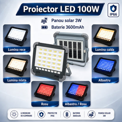 Hordozható LED projektor 100W napelemes panellel 3W, 3600mAh akkumulátor, 6 világítási mód, mágnes, horog, USB Power Bank 210x170x55mm Breckner Germany