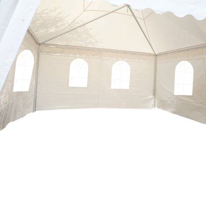 Pagoda típusú eseménysátor pavilon 5x5m, fehér UV-álló vízálló, PVC 750g/m2 tetőzet, acél-alumínium keret 48x48x2.5mm