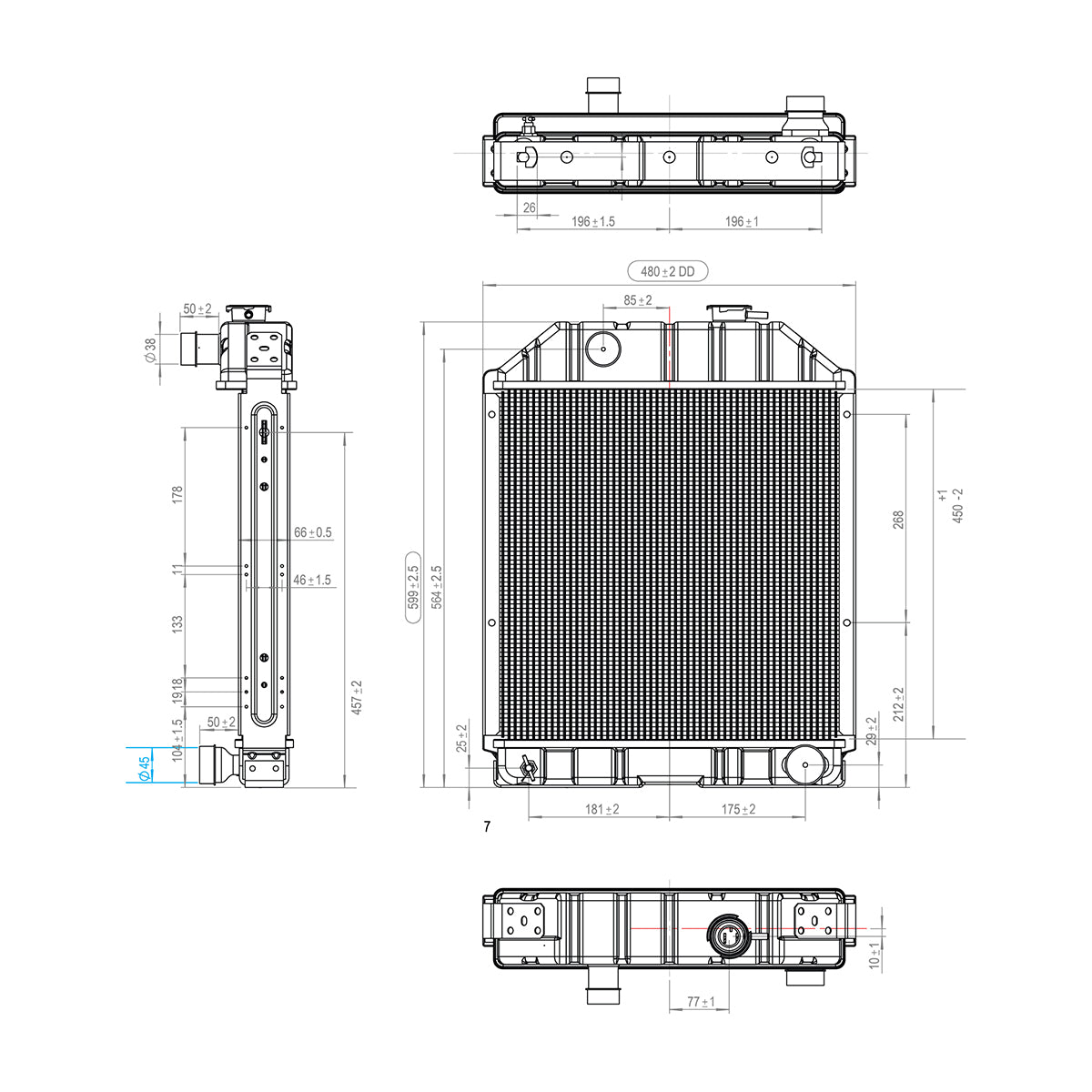 Ford motor vízhűtő radiátor, 4 soros cellás 600x480x65mm OEM kód 81817280, C7NN8005L, D8NN8005PA, C7NN8005E, 4826