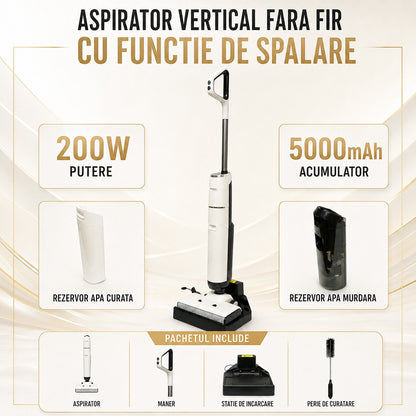 Függőleges vezeték nélküli porszívó moppal 200W, szívóerő 18000Pa, akkumulátor 5000mAh, víztartály 2x600ml, hangfunkció, digitális kijelző Breckner Germany
