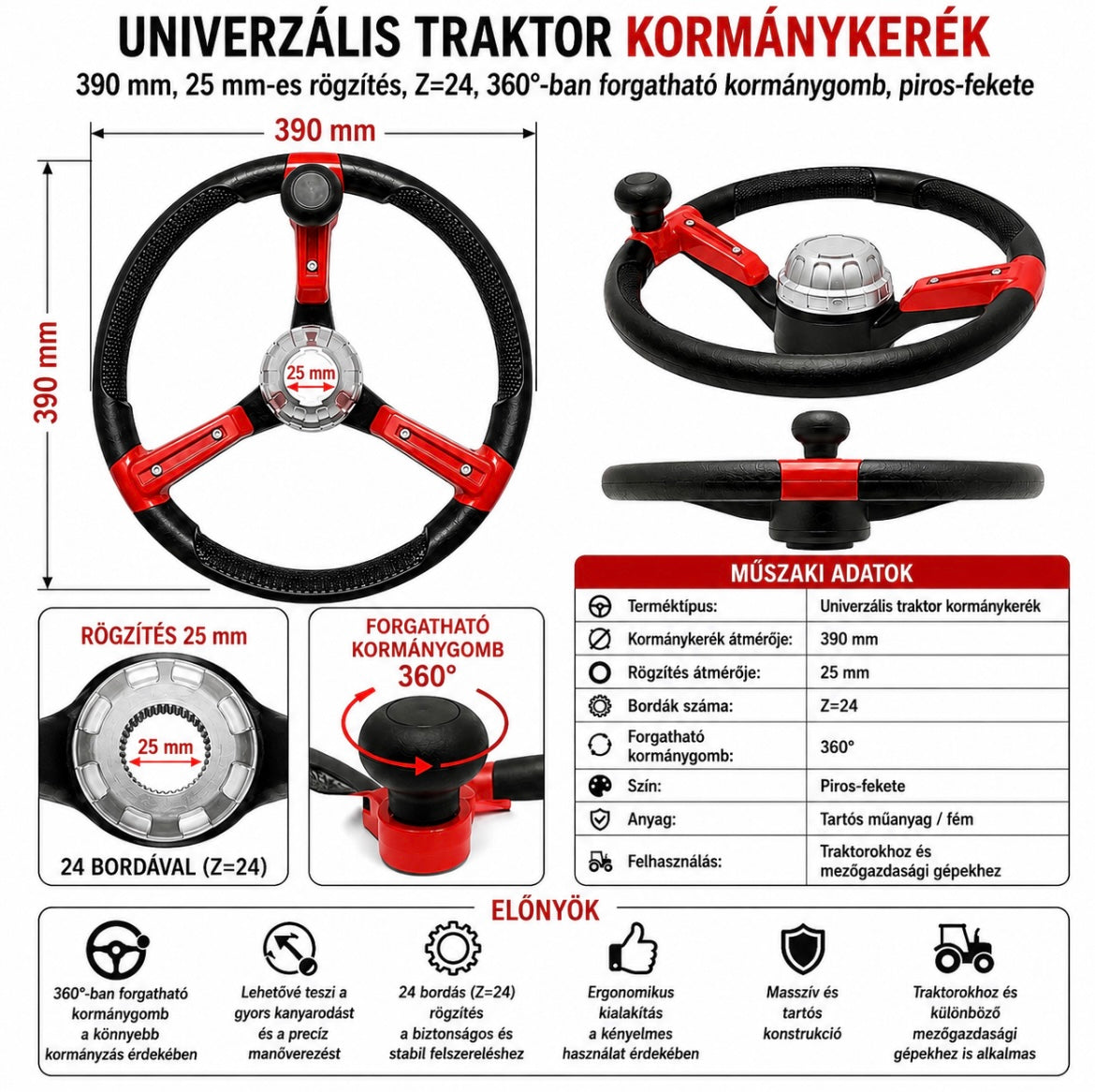 Breckner Germany univerzális traktor kormány 390mm, 25mm rögzítés Z=24, 360 fokos forgó fogantyú, piros-fekete