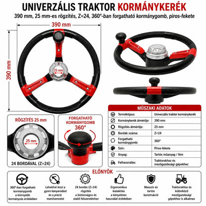 Breckner Germany univerzális traktor kormány 390mm, 25mm rögzítés Z=24, 360 fokos forgó fogantyú, piros-fekete